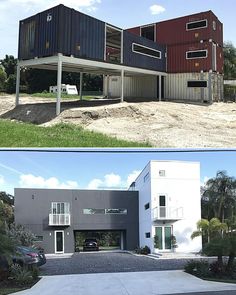 before and after photos of a house made out of shipping containers