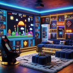 Step into a gamer's paradise filled with pixelated wall art, dynamic neon lights, vintage gaming stations, & endless snacks. Lounge on generously sized sofas against navy walls, or take a seat on the majestic gaming chair. Welcome to the ultimate man cave. #GamingRoom #ManCave #GameCollectibles #VideoGameDecor #RetroArcade #GamingChair Family Gaming Room, Game Room Aesthetic, Caravan Office, Gamers Room, Home Theater Basement, Lofted Cabin, Anime Bedroom Ideas, Game Room Lighting, Gaming Bedroom