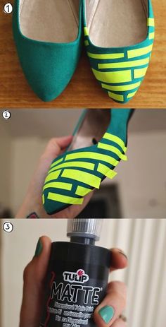 the steps to painting shoes with acrylic paint are shown in three different ways