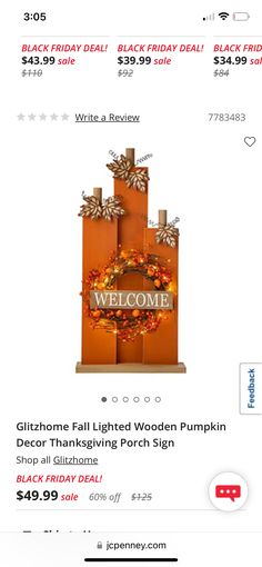 an iphone screen showing the welcome sign for halloween pumpkins and fall leaves on display