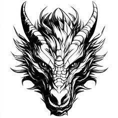 a black and white drawing of a dragon's head with large, sharp horns