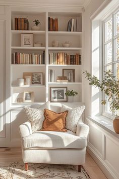 a white chair sitting in front of a window next to a book shelf filled with books