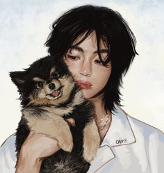 a woman holding a small dog in her arms and looking at the camera while wearing a white shirt