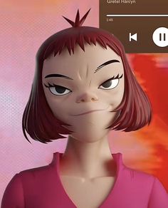 an animated girl with red hair and big eyes looks at the camera while wearing a pink shirt