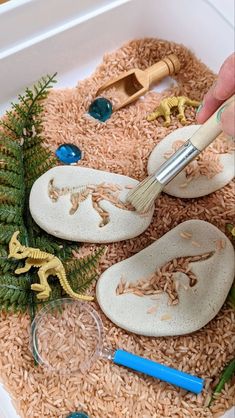 someone is painting fake dinosaur shoes on rice in a box with other toys and materials