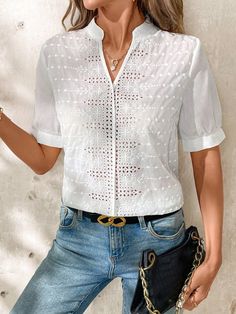 Blanco Casual Collar manga corta Poliéster Liso Top Embellished No-Elástico Summer White, Plain Tops, Women Blouses, White Summer, Kids Sleepwear, White Casual, White Top, Maternity Bag, White Tops