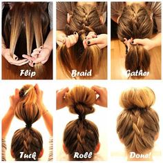 braid into a sock bun. I did this and it really works! 2/07/14 I have really short hair but it still worked! French Braid Bun Tutorial, Upside Down French Braid, French Braid Buns, Sock Bun, Prom Hair Updo, Bun Tutorial, Fishtail Braid, Penteado Cabelo Curto, Braided Bun