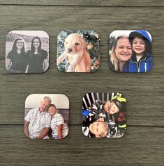 four coasters with pictures of people and dogs on them