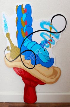 a painting of a hot dog on top of a red mushroom with blue and yellow graphics