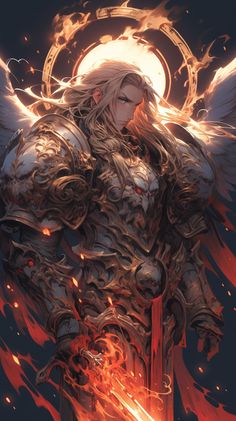 a man in armor with wings and flames