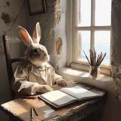 a rabbit sitting at a desk in front of a window with an open book on it