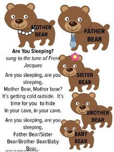 a poem with bears and the words brother bear, mother bear, father / baby bear are you sleeping?