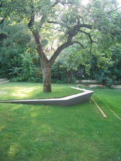 a large tree sitting in the middle of a lush green field