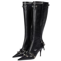 PRICES MAY VARY. Crafted from crinkled finish leather with breathable lining, padded insole and anti-skid rubber sole, these boots are comfortable in all seasons. Sit atop a 3.94 in stiletto heel that makes you look sexy and charming. Detailed with a side zipper, these knee high punk boots are easy to put on and off. With peculiar design of silver-tone studs, decorative buckles and tassels, they'll add a polished feel to any outfit. Perfect for daily, casual, office, walking, shopping, evening, Black Balenciaga, Pointy Heels, Punk Boots, High Heel Boots Knee, Womens Stilettos, Stiletto Boots, Studded Boots, Knee High Leather Boots, Black Boots Women