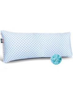 a blue and white pillow with a pom - pom ball on the side