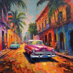 a painting of an old car parked in front of a colorful building on the street