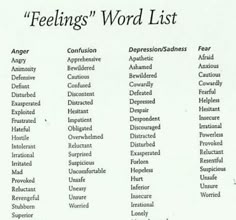 the feelings word list is shown in black and white