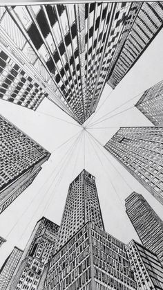 a drawing of skyscrapers in the middle of a city with lines going through them