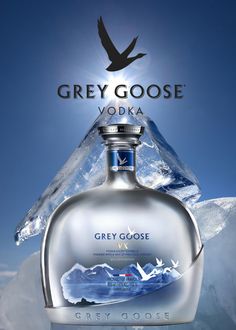 a bottle of grey goose vodka with an eagle on the top and mountains in the background