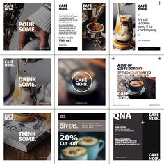 the front and back covers of coffee shop brochures are shown in black and white