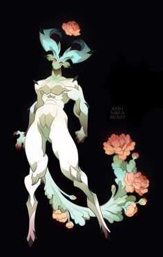 an animated character with flowers on it's head and arms, standing in the dark