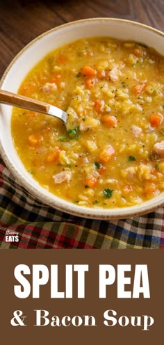 a bowl of split pea and bacon soup on a plaid tablecloth with a spoon