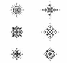 six snowflakes are shown in black and white, each with an intricate design