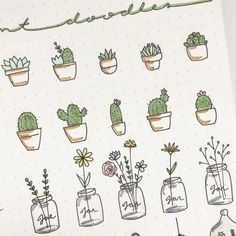 an open notebook with various potted plants on it