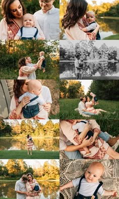 a collage of photos with people sitting on the grass and one man holding a cat