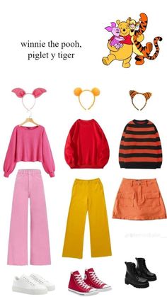 winnie the pooh, piglet y tiger and minnie mouse outfits are shown in three different colors