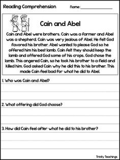 a worksheet for reading the bible's book, gain and abel