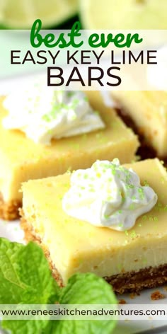 the best ever easy key lime bars with whipped cream on top and mint leaves around them