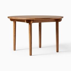 a wooden table with two legs and a round shaped top, on a white background