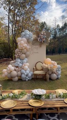 a table set up with balloons, plates and napkins for an outdoor baby shower