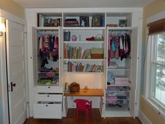 the closet is full of clothes, books and other things to use in this room