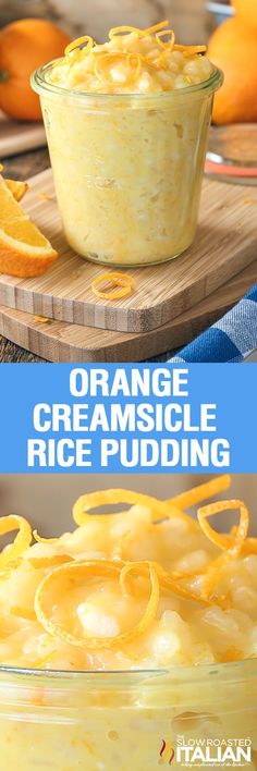 orange creamsicle rice pudding in a glass bowl with sliced oranges on the side