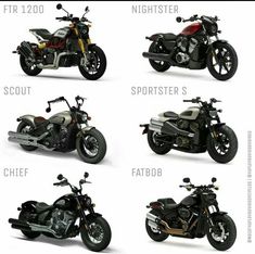 four different types of motorcycles parked side by side on a white background with the words nightster written below them