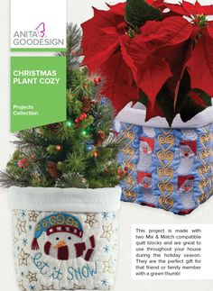 two christmas planters with poinsettis in them and the text, anta goodison christmas plant cozy project collection