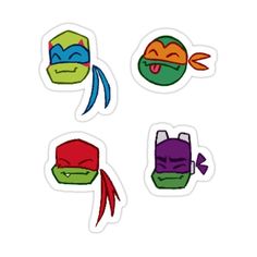 four stickers with different types of cartoon characters on them, all in different colors