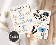 the wedding program is displayed on top of a white table cloth with a cactus and cacti