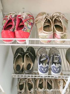 there are many pairs of shoes on the shelf