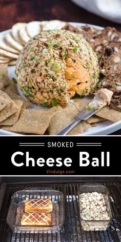 cheese ball on a plate with crackers and pita chips