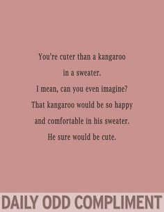 a pink background with the words, you're cutler than kangarooo in a sweater i mean, can you even imagine? that kangarooo would be so happy and comfortable