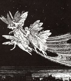 an artistic drawing of two birds flying in the night sky over a cityscape