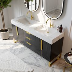 a bathroom vanity with two mirrors above it and a plant in the corner next to it