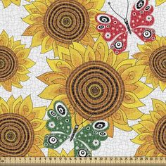 sunflowers and butterflies on a white background with a ruler in the foreground