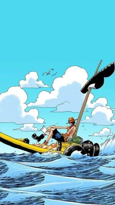 a man riding on the back of a yellow boat