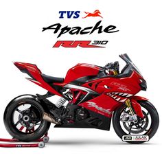 a red motorcycle is shown with the words, tvs apache up and it's logo