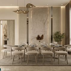 an elegant dining room with marble walls and flooring, along with white chairs and round tables