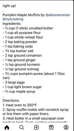 the recipe for pumpkin maple muffins is shown in black and white with text